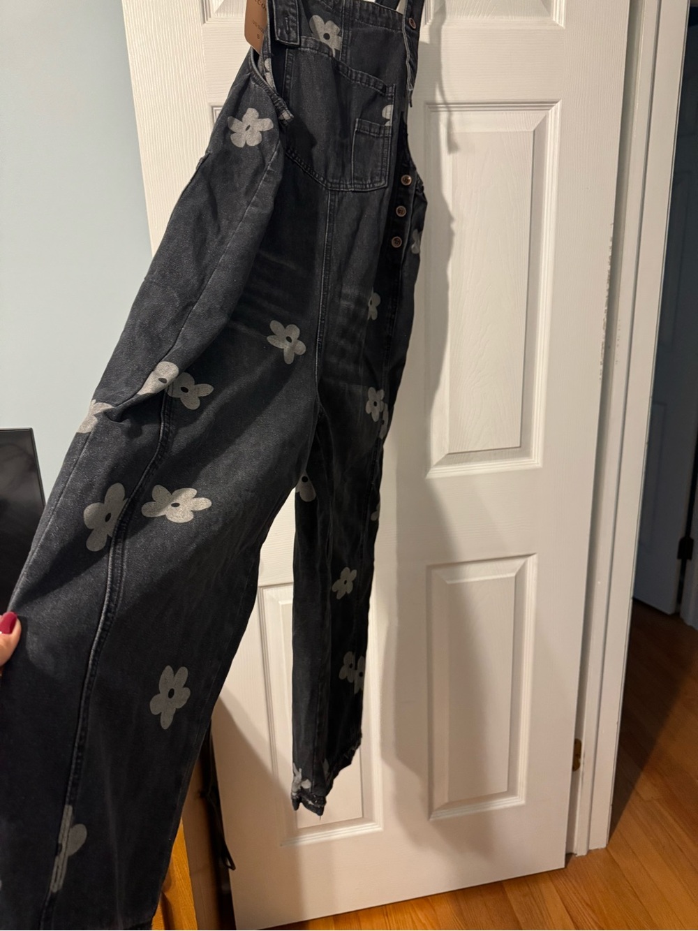 Black Floral-Print Women's Denim Overalls